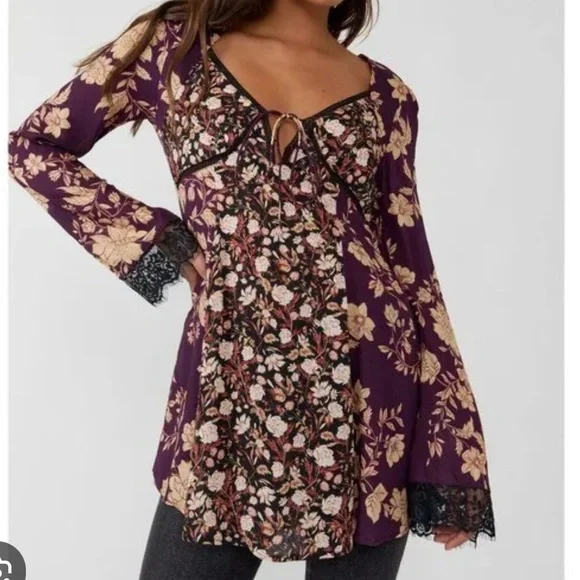 (5 for $75) NWT FREE PEOPLE odette printed tunic in espresso combo - Picture 2 of 16